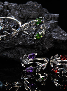 S925纯银天然托帕石石榴石透辉石紫水晶彩宝戒指女双心形欧美新款