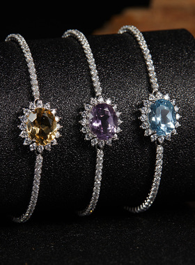 欧美饰品爆款S925纯银镶天然托帕石紫黄水晶石榴石彩宝手链女