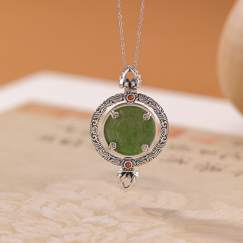 通体S990足银碧玉南红玛瑙九宫金刚杵八卦牌中式复古做旧银吊坠