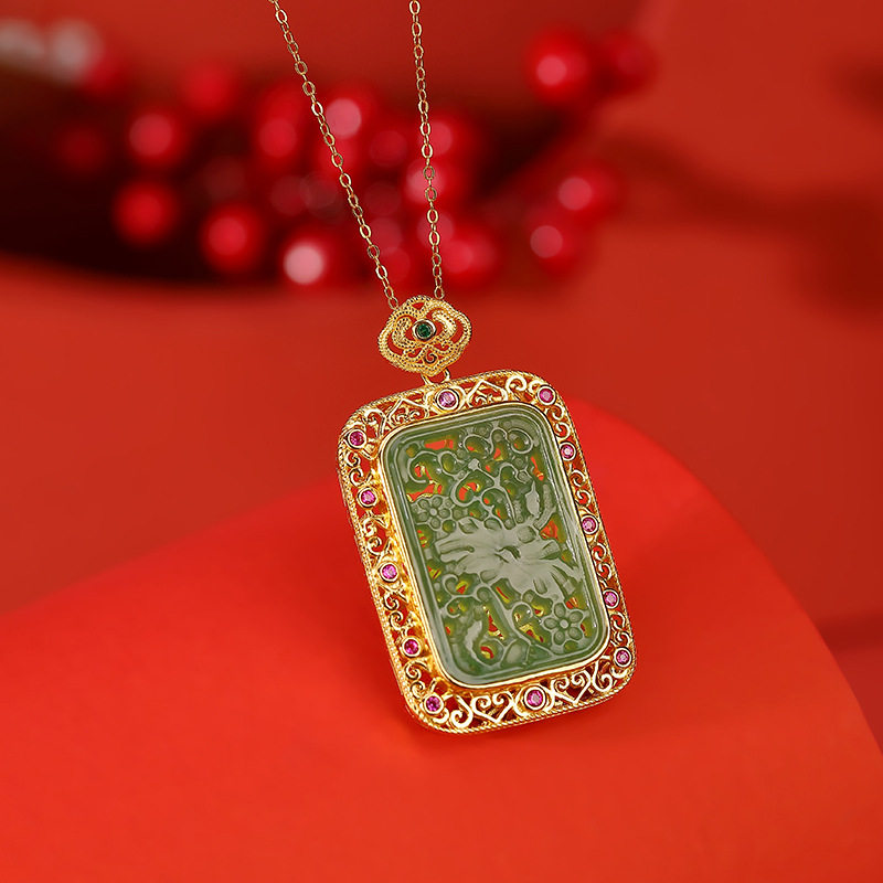 通体S925纯银镀金和田玉碧玉中式复古如意花朵镂空吊坠气质挂坠