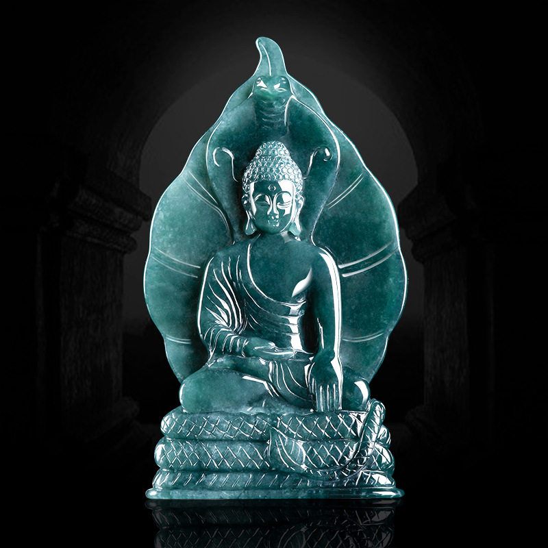 天然A货翡翠蓝水释迦牟尼菩提悟道吊坠立体佛像玉石小摆件