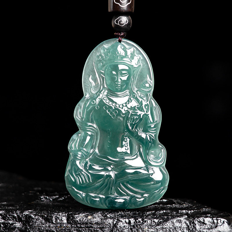 天然A货翡翠蓝水度母观音玉石吊坠男士玉坠女款挂件玉器