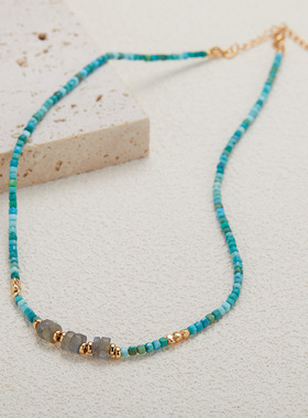 直播小众设计款S925纯银天然松石拉长石彩宝串珠项链女百搭锁骨链