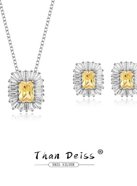 S925纯银黄钻项链女耳钉饰品二件套装欧美高级感首饰秋季耳环吊坠