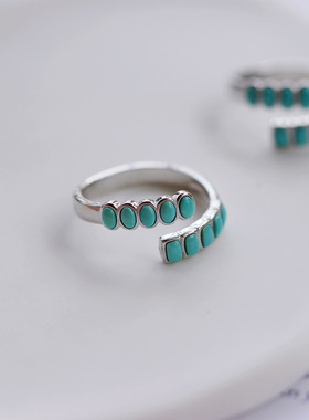 时尚几何形天然原矿湖北绿松石戒指s925银天然蓝松石开口戒指