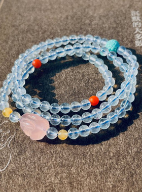天然海蓝宝手链冰透水润蓝天然特级手链5.5mm珠海蓝宝多圈手串