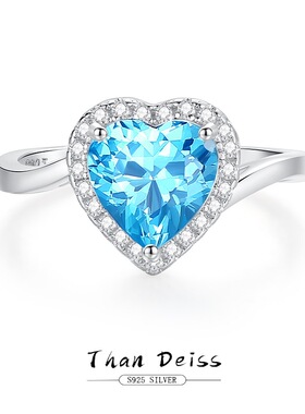 S925纯银心形海蓝宝戒指女欧美简约高碳钻锆石跨境直播款彩宝
