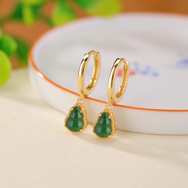通体S925纯银镀金翡翠复古轻奢高级感福禄葫芦耳环时尚气质耳坠