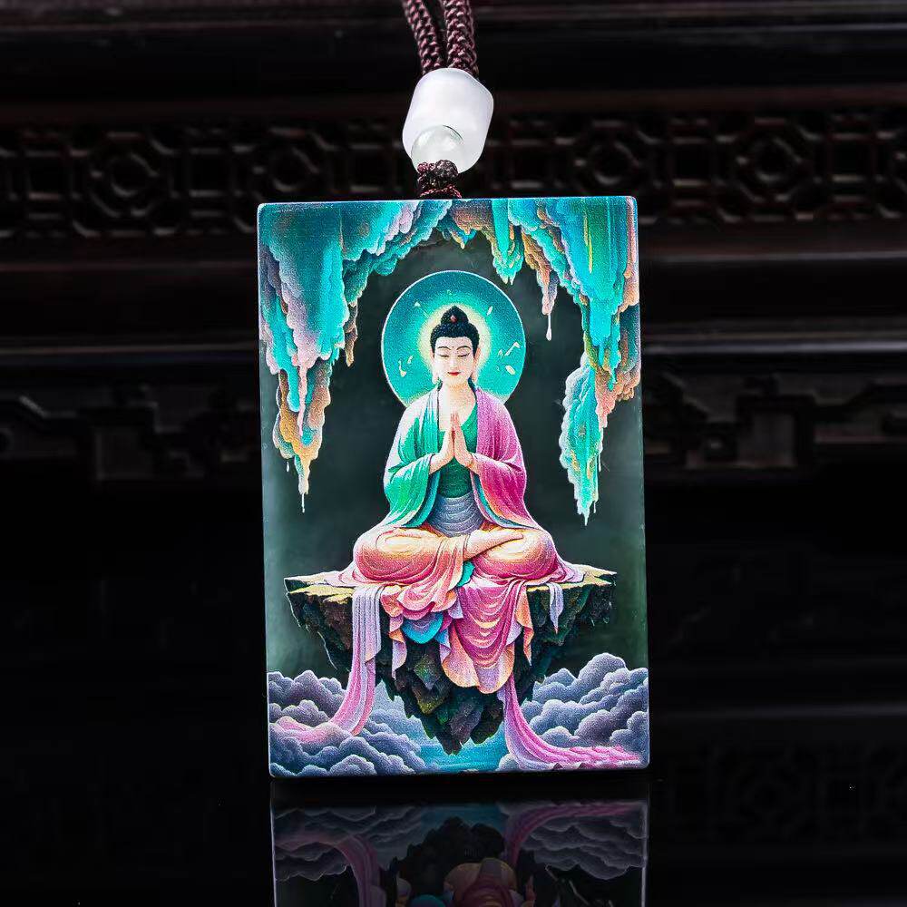 A货翡翠观音牌精工超清喷绘高冰种老玉石吊坠挂件玉佩