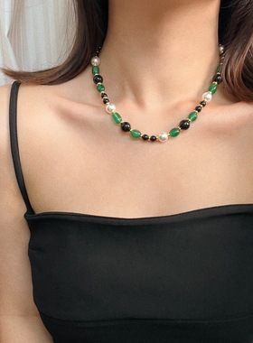 高级感祖母绿色石英颜色天然黑玛瑙施家冷白施家珍珠撞色项链女