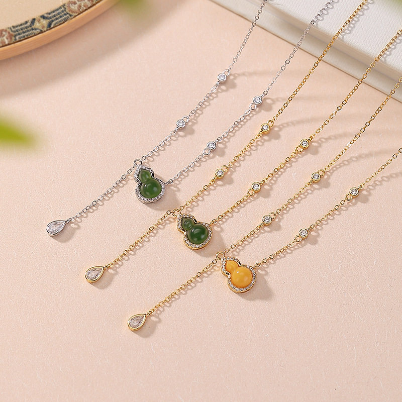 通体S925纯银镀金和田玉碧玉蜜蜡福禄葫芦时尚水滴项链吊坠套链
