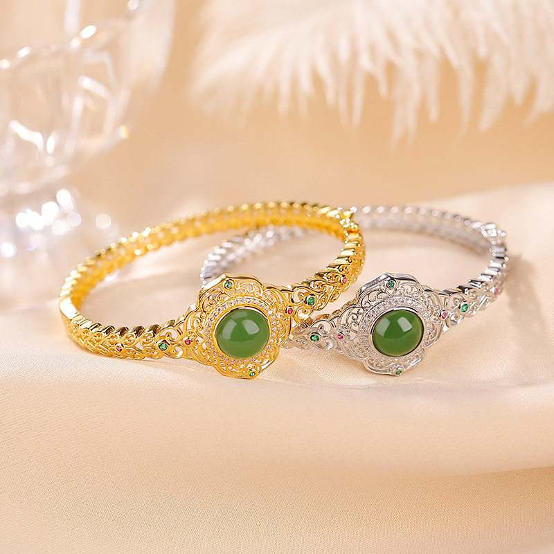 通体S925纯银镀金和田玉碧玉镂空如意圆珠手镯国风轻奢时尚手环