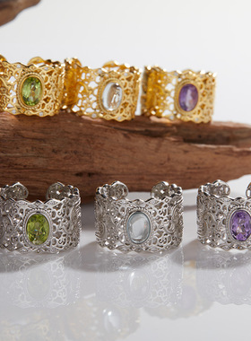 S925纯银镶天然橄榄石海蓝宝彩宝戒指男女复古高级感欧美爆款