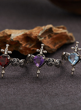 十字架玫瑰S925纯银天然托帕石榴紫水晶彩宝戒指女风小众高级