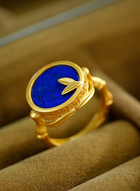 S925银镶青金石戒指竹节戒指简约奢复古高级感女中古风