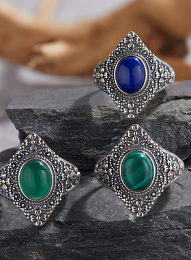 复古S925纯银镶天然孔雀石青金绿玉髓泰银戒指女宫廷开口戒