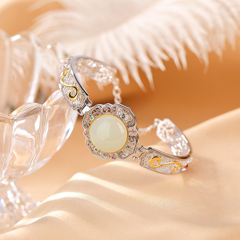 通体S925纯银镀金和田玉珐琅复古镂空祥云蛋面手镯精工气质手链