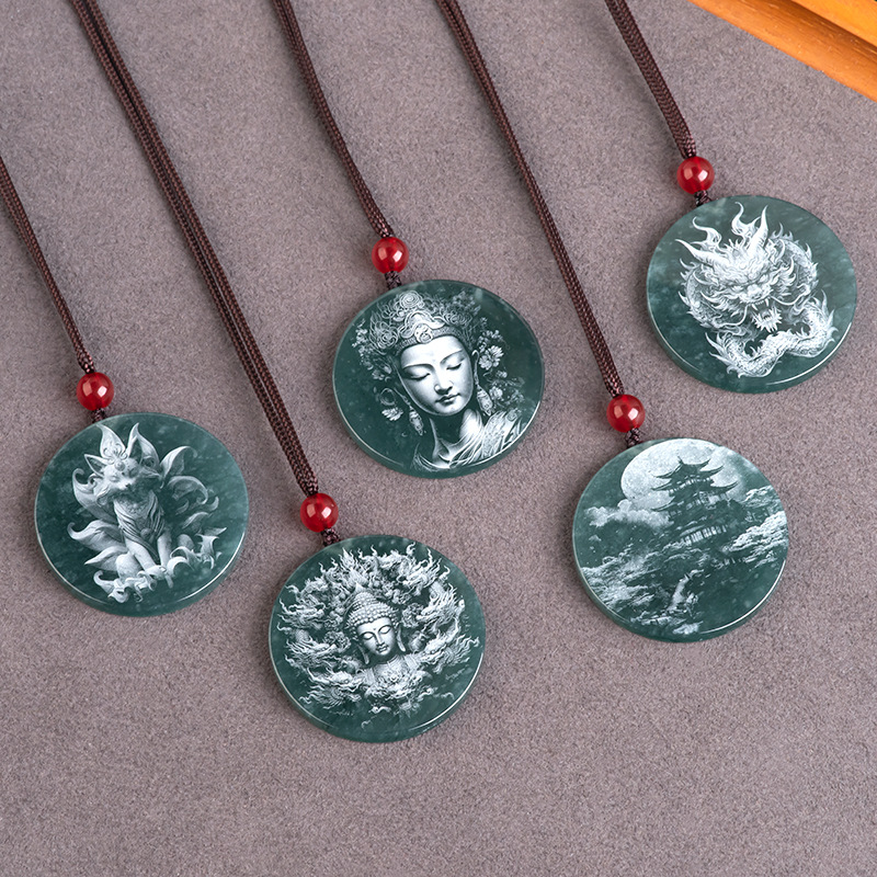 天然A货翡翠蓝水影雕佛像观音佛祖龙牌玉石吊坠男女款挂件