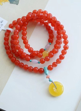 天然川料南红樱桃红手链7mm108颗搭配原矿蜜蜡富甲白玉米珠等等