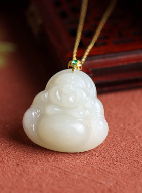 通体金镶嵌和田玉青玉佛公大肚佛国潮国风气质百搭女款吊坠