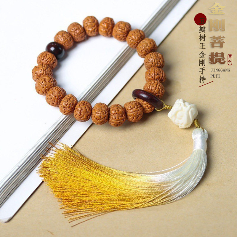 小金刚树王菩提手持单圈配檀木跑环醒狮吊坠流苏手串佛珠男女文玩图片