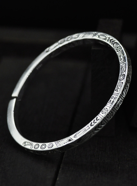 复古泰银手镯简约开口图腾手环女
