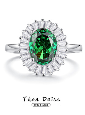 S925银超闪显大款旦形高碳钻花朵戒指女围镶梯形锆石欧美手饰