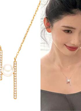 风几何竖条珍珠吊坠锁骨项链S925银毛衣链轻奢高级
