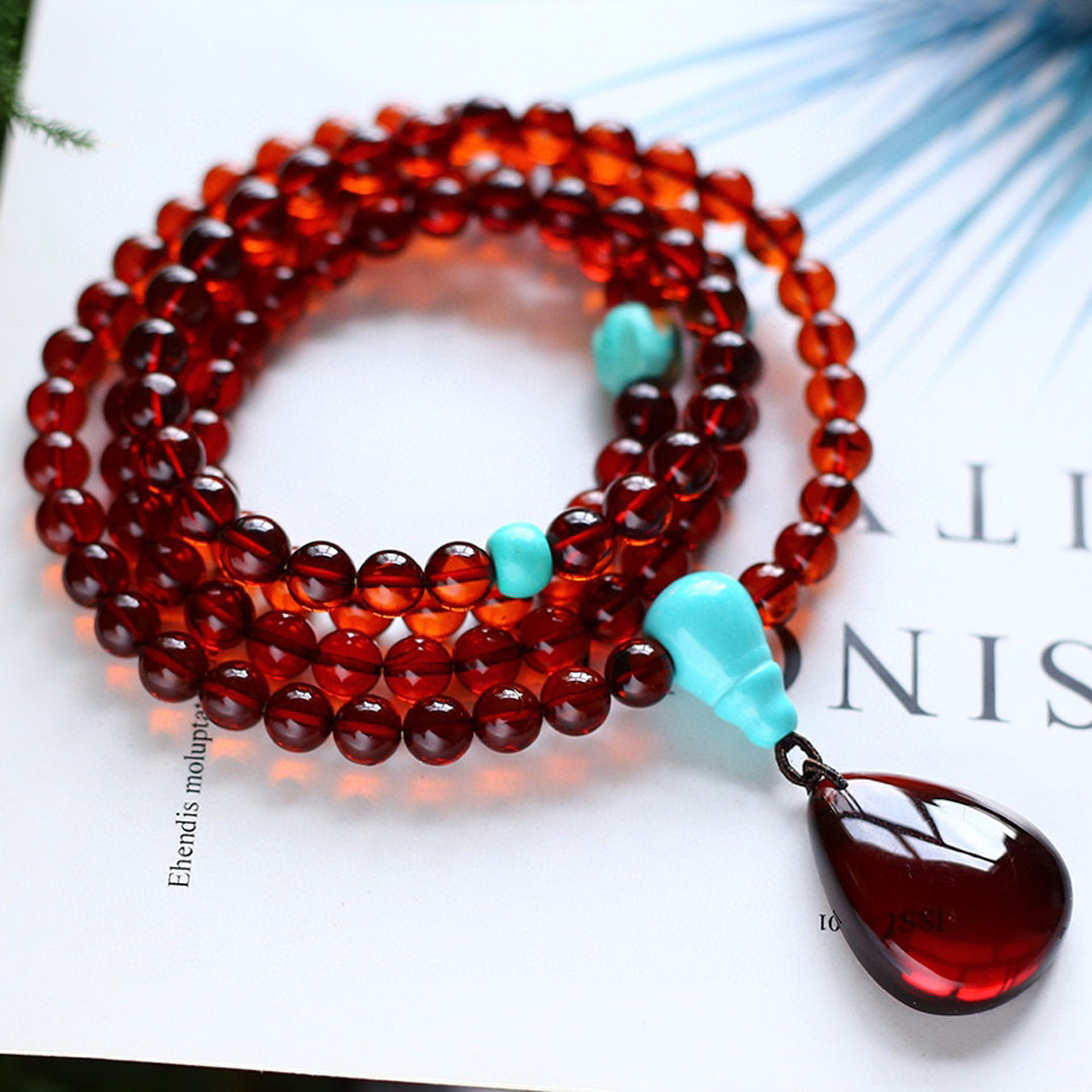 天然净水血珀6.8mm108粒佛珠手链项链两用款点缀血珀水滴吊坠手串