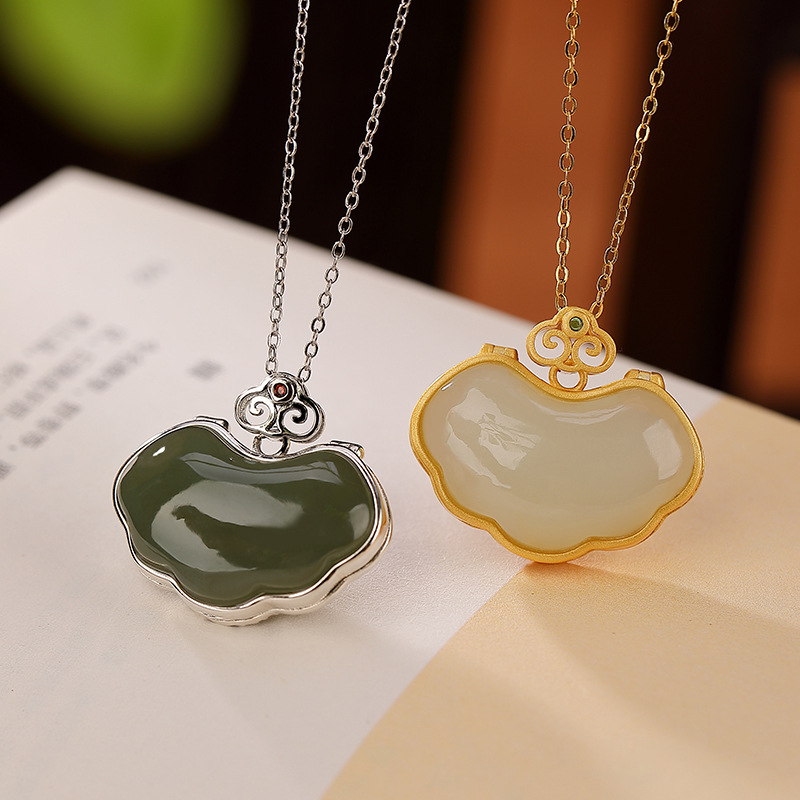 通体S925纯银镀金和田玉青玉国潮复古如意香囊吊坠嘎乌盒女挂坠