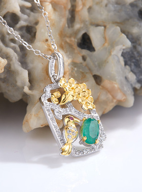 S925纯银法式轻奢天然祖母绿宝石项链欧美锁骨链个性风