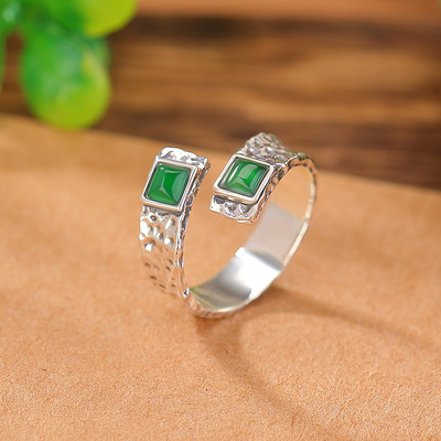 通体S925纯银翡翠方形锤纹坑面开口可调节时尚简约个性气质戒指