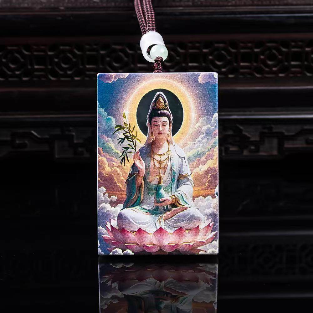 天然A货翡翠观音牌精工超清喷绘高冰种老玉石吊坠挂件玉佩玉坠