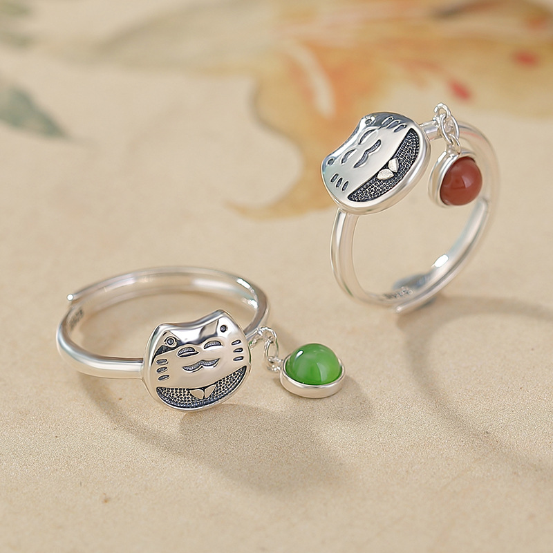 通体和田玉S925纯银碧玉南红玛瑙招财猫圆形动物创意新款银戒指