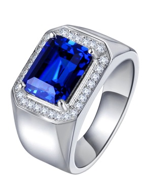 气质蓝刚玉戒指蓝宝石开口男戒指镀银镀白金坦桑色活口男戒厂家