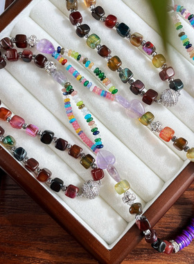 复古天然方糖玛瑙紫色贝壳石英岩炫彩飞碟珠项链锁骨链毛衣链