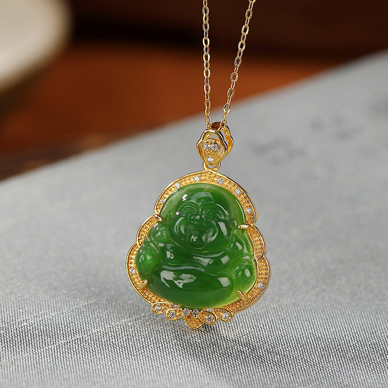 通体S925纯银镀金和田玉碧玉复古气质弥勒佛吊坠气质佛公银挂坠