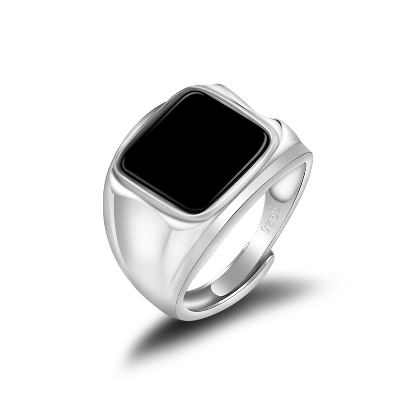 高档天然A货翡翠墨翠方面戒指冰种玉石指环S925银镶男款可调节