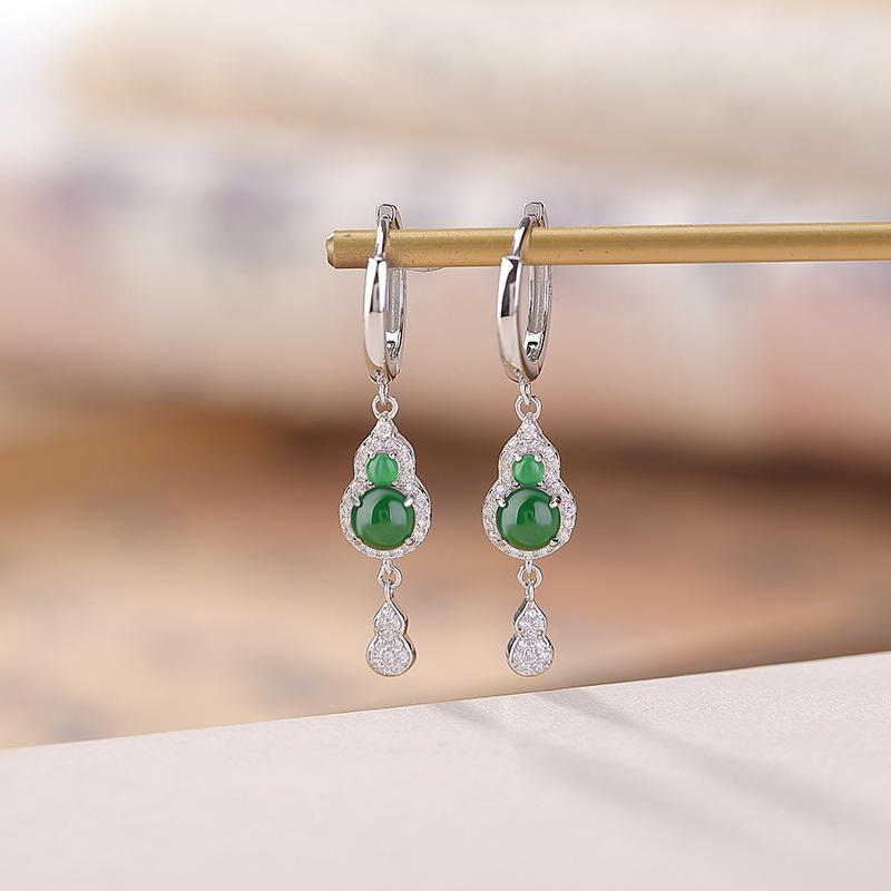 通体S925纯银翡翠新中式国风吉祥福禄葫芦耳坠气质百搭耳环耳饰