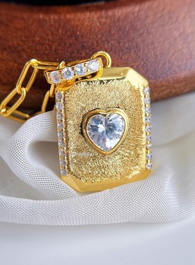 银镀金古董珠宝风心形高碳钻钻石项链潮流新品实拍