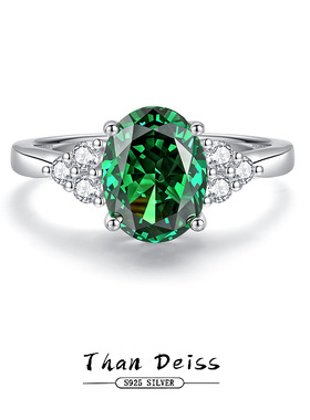 抖音直播货源S925纯银椭圆绿色高碳钻戒指高级感欧美彩宝银饰
