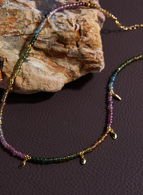 原创设计S925纯银镶天然碧玺彩宝项链女潮流手工彩色串珠新款