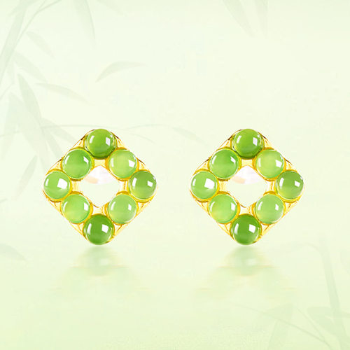 菠菜绿天然老料和田玉碧玉菱形耳钉女款S925银镶玉石耳坠四会