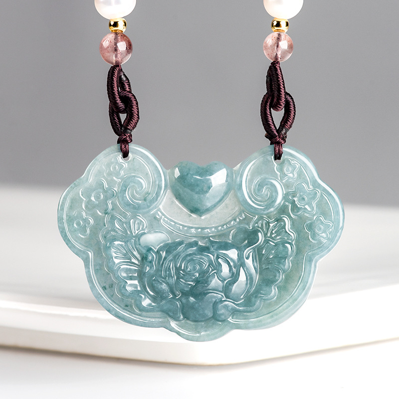 天然a货翡翠蓝水花开富贵吉祥玉佩糯种玉石吊坠男女款挂件