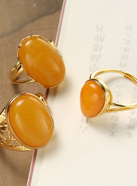 S925银镀天然蛋面蜜蜡戒指女新中式宫廷风简约气质琥珀指环可调节