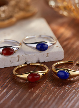 小红书抖音极简个性设计S925纯银镶天然红玛瑙青金彩宝戒指女