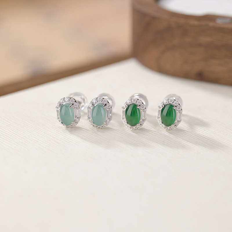 通体S925纯银翡翠复古时尚轻奢蛋面耳钉气质高级感简约椭圆耳饰
