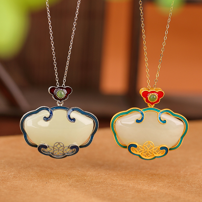 通体S925纯银镀金和田玉景泰蓝吉祥如意钱币镶嵌吊坠复古女挂坠