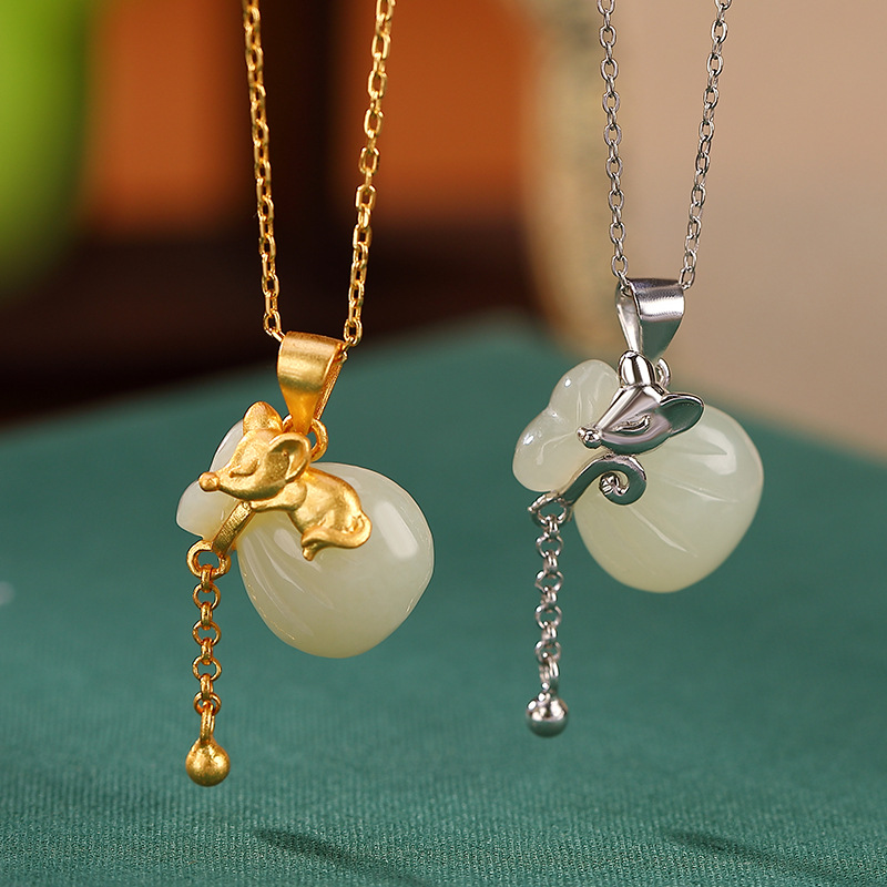 通体S925纯银镀金和田玉简约可爱玉鼠钱袋套链简约百搭女士项链