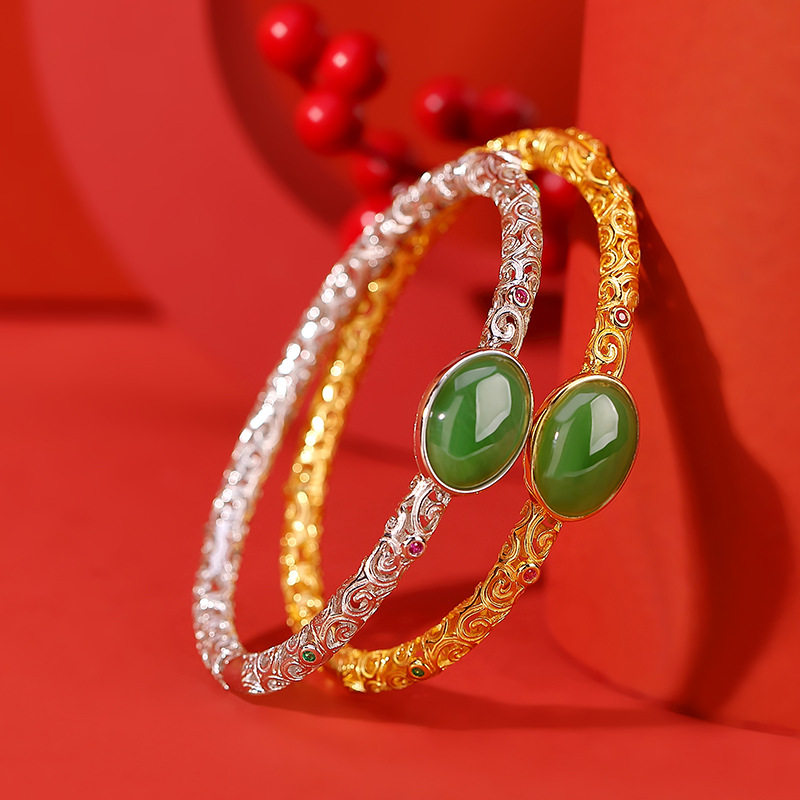 通体S925纯银镀金和田玉碧玉复古祥云如意花丝镂空蛋面手镯手环